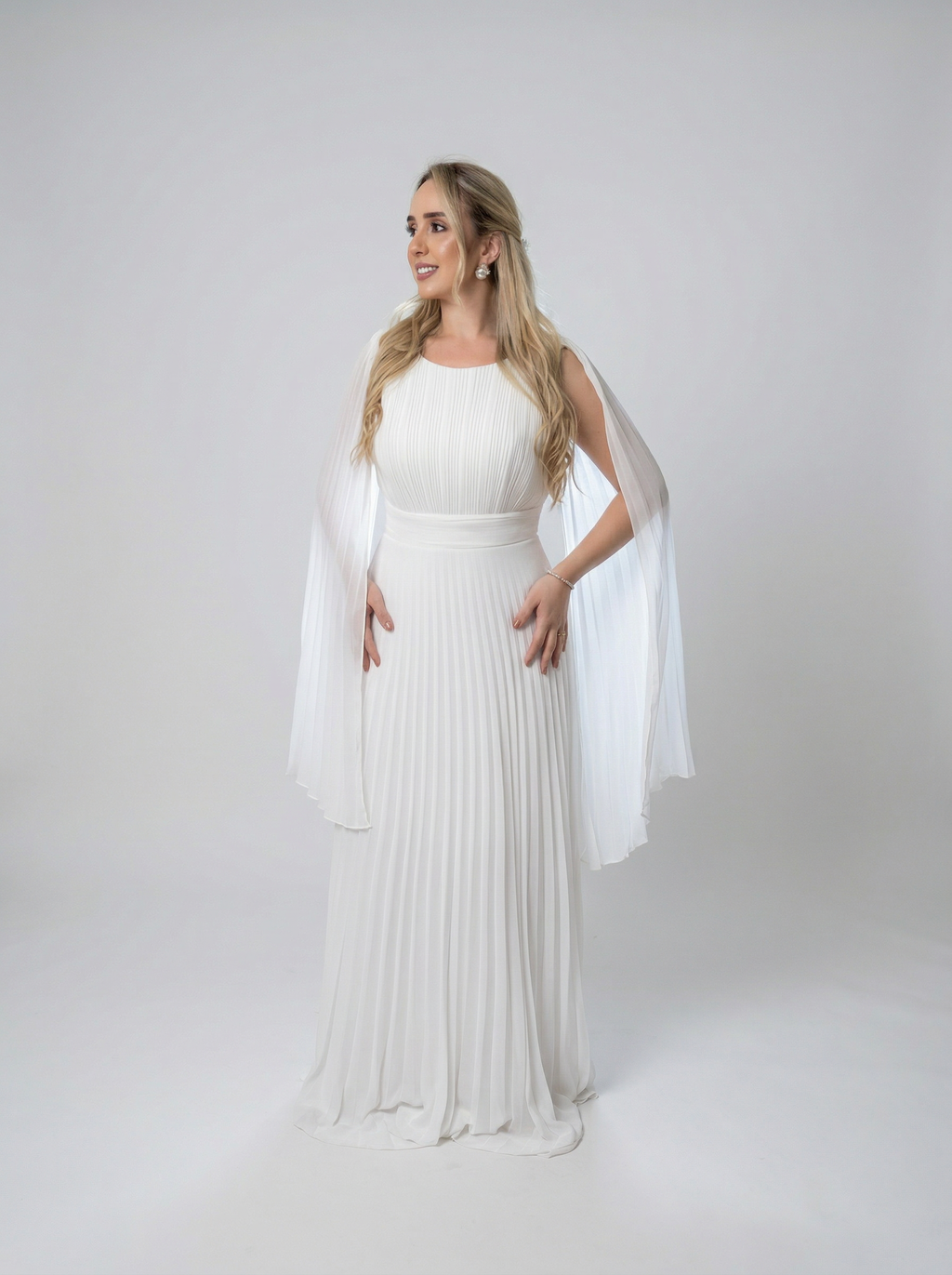 Vestido de noiva civil plissado com capa - COD 4002
