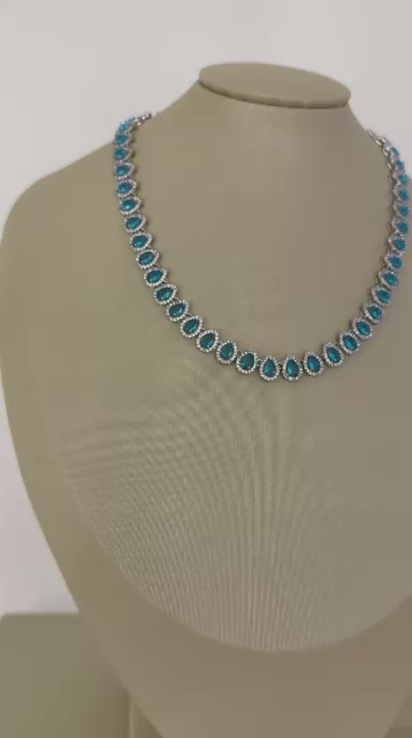 Conjunto Semijoia Mini Gotas Cravejadas Azul Turquesa